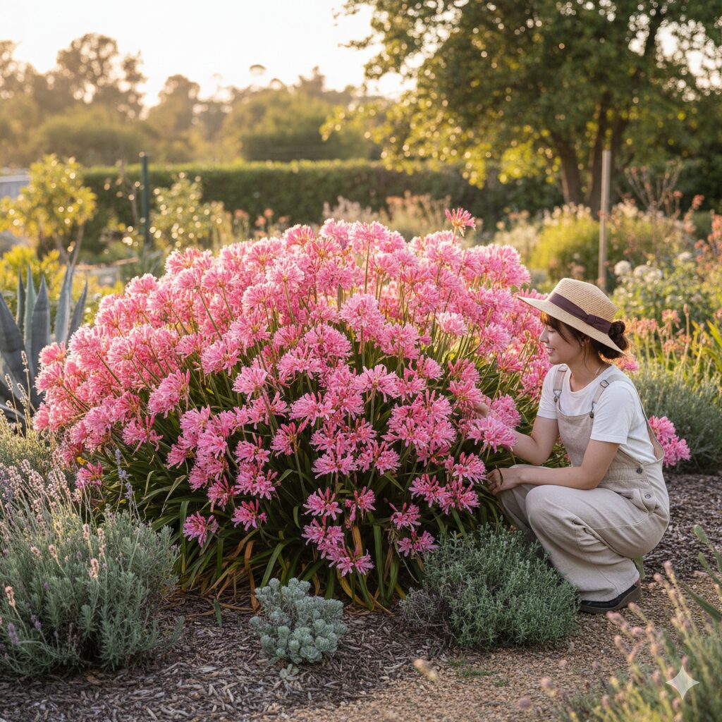 花壇で長期間植えっぱなしにされ群生して咲くネリネ・ボーデニー