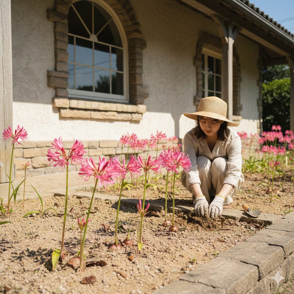 雨を避けるため家の軒下に植えられた地植えのネリネ