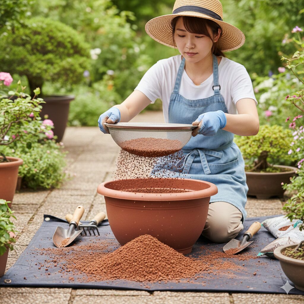 ネリネ 植えっぱなし　園芸用ふるいを使って赤玉土から「みじん」を取り除く作業