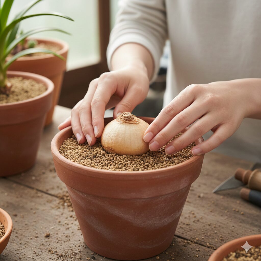 ネリネ 植えっぱなし　球根の首が土から出るように浅植えされたネリネの鉢植え