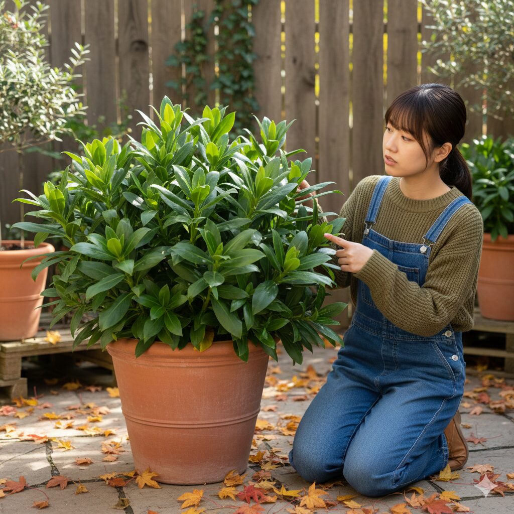 ネリネ 植えっぱなし　花が咲かずに葉だけが茂っている秋のネリネの鉢植え