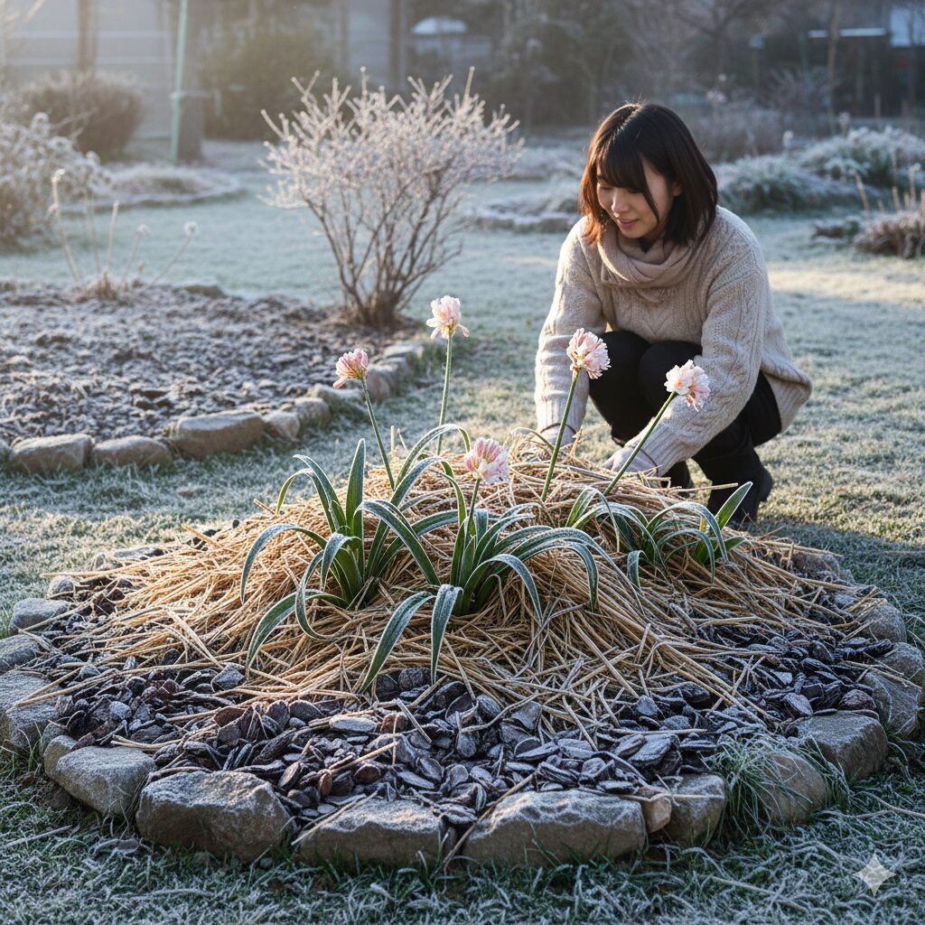 ネリネ 植えっぱなし　冬の寒さ対策として株元に厚く敷き藁でマルチングされたネリネ