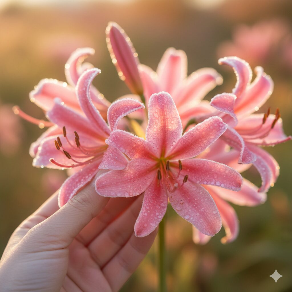 ネリネ 球根 植え方　陽射しを浴びて花弁がキラキラと輝くネリネ（ダイヤモンドリリー）の花