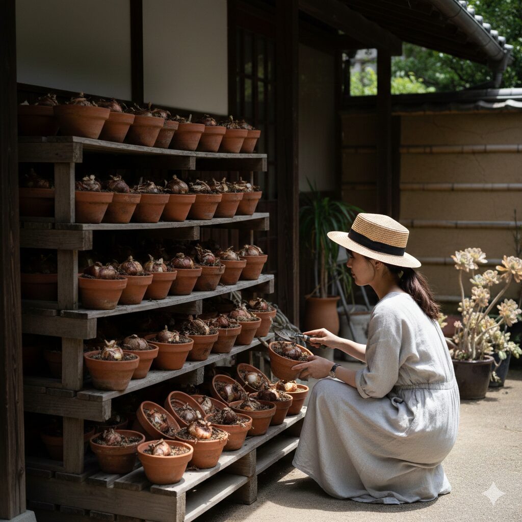 ネリネ 球根 植え方　雨と高温を防ぐために日陰で断水管理されている休眠中のネリネの鉢