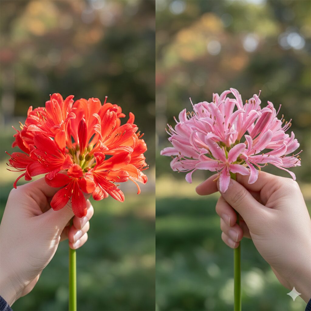 ネリネ 球根 植え方　ネリネ・サルニエンシス系（ダイヤモンドリリー）とボーデニー系の花姿の違い