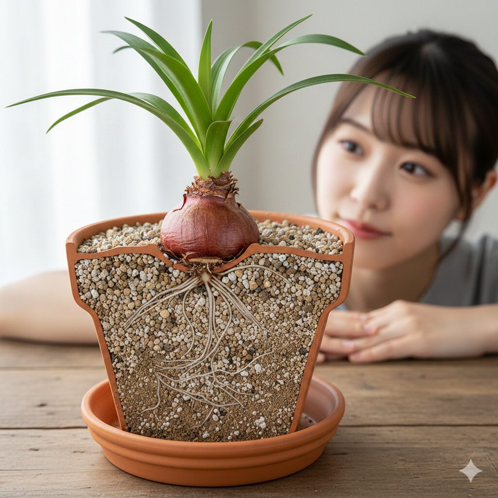 ネリネ 球根 植え方　腐敗を防ぐために球根の肩を出して植え付けるネリネの浅植えの正しい深さ