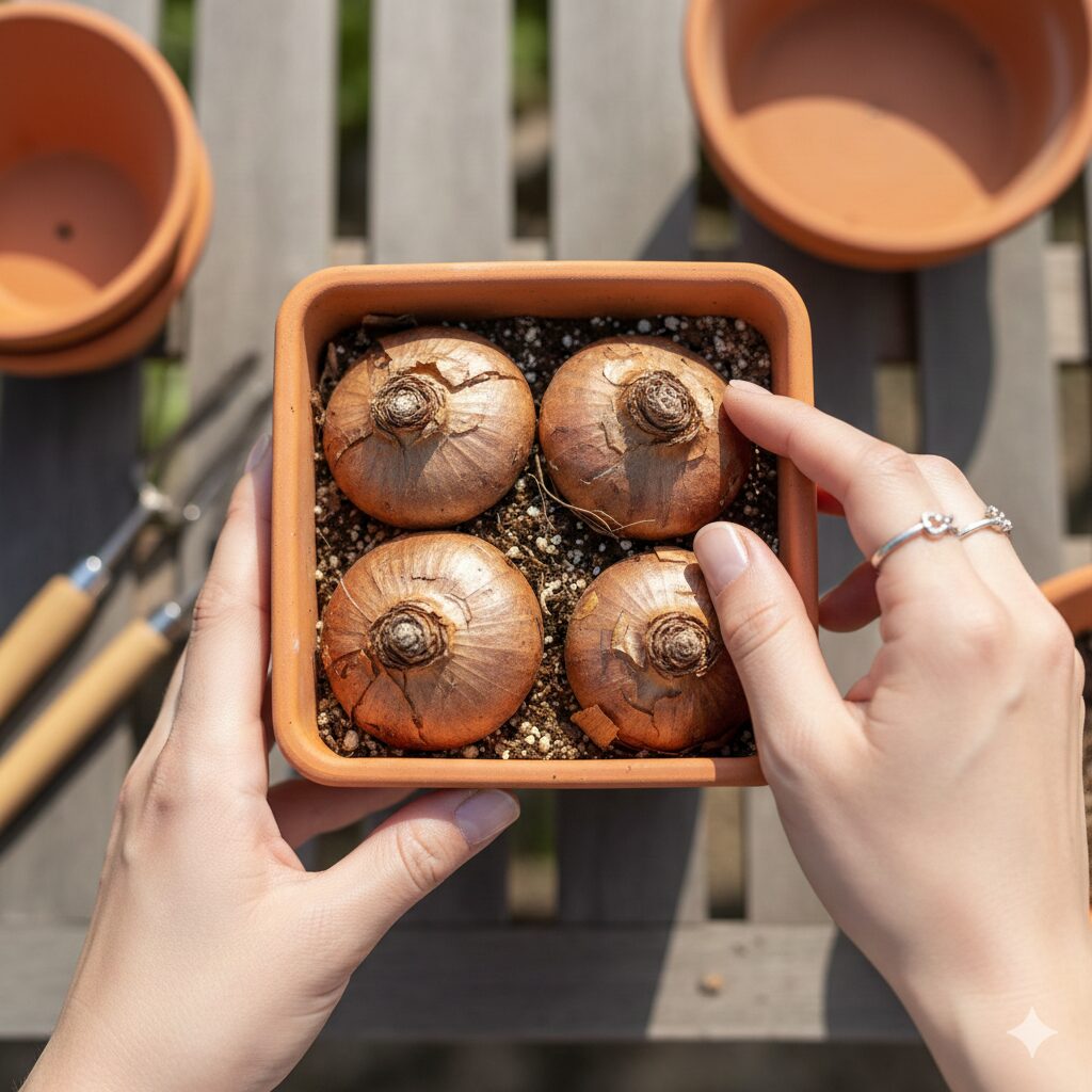 ネリネ 球根 植え方　根腐れを防ぎ開花を促すために小さな鉢に密植されたネリネの球根