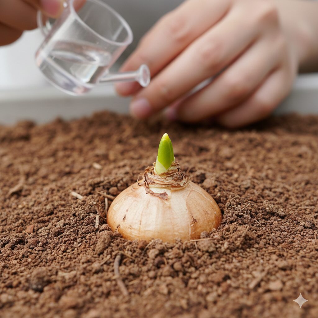 ネリネ 球根 植え方　水やり開始の合図となるネリネの球根から出てきた新しい緑の芽