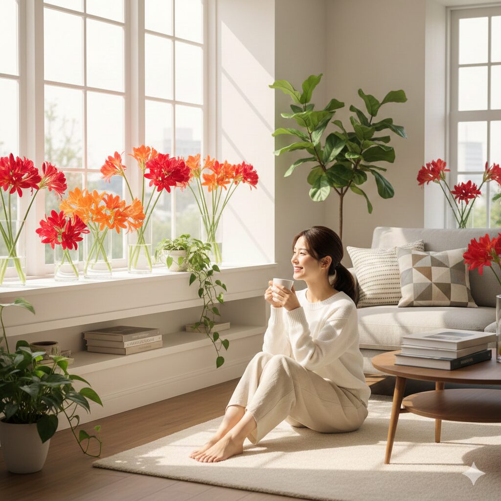 ネリネ 花言葉 色　風水効果で人気運や美容運を高めるために、部屋の南側に飾られた情熱的な赤とオレンジのネリネの花