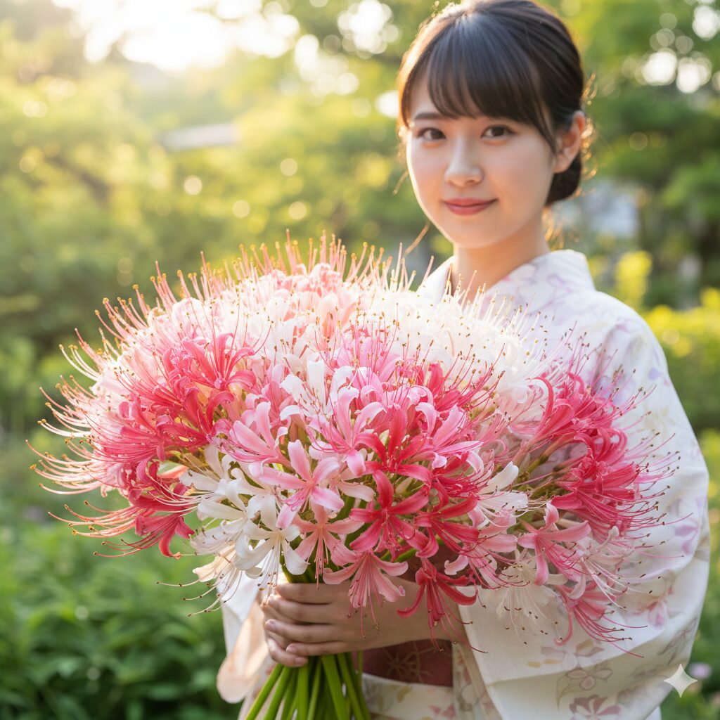 ネリネ 花言葉 色　ヒガンバナに形状は似ているが、花弁に特有の光沢があり華やかで美しいネリネの花姿