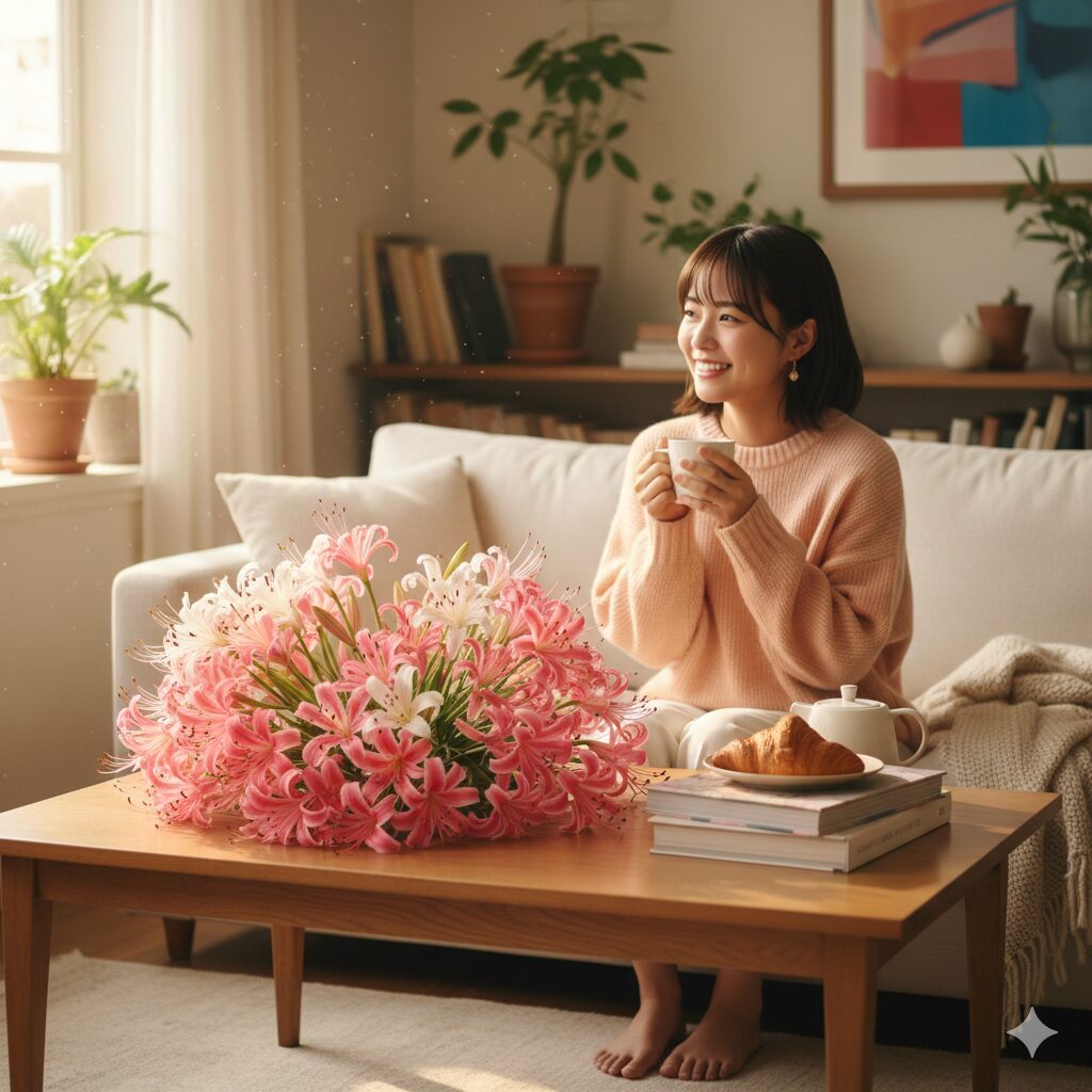 ネリネ 花言葉 色　ヒガンバナとは異なり「幸せな思い出」や「輝き」というポジティブな花言葉を持つ、明るく華やかなネリネのアレンジメント