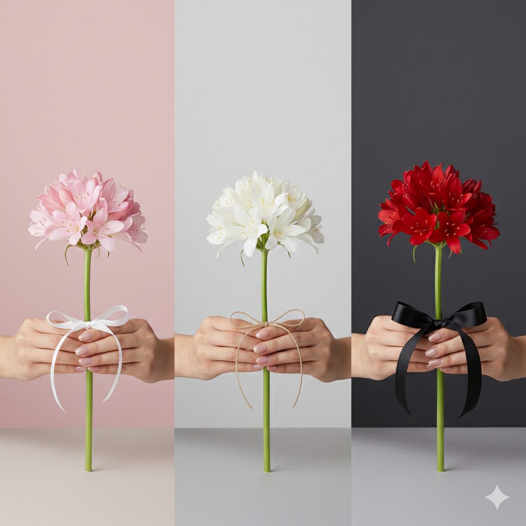 ネリネ 花言葉 色　ピンクは優しさ、白は純潔、赤は情熱など、色によって視覚的な印象が異なるネリネの花のカラーバリエーション