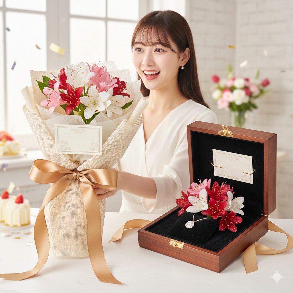 ネリネ 花言葉 色　10月・11月の誕生花として人気が高い、秋の贈り物に最適なリボンで飾られたダイヤモンドリリー（ネリネ）の花束