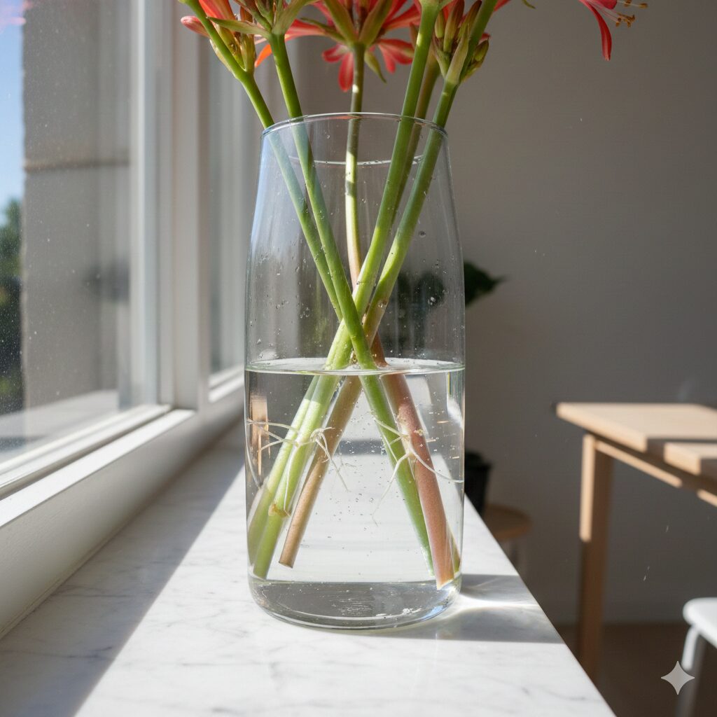 ネリネ 花言葉 色　切り花を長持ちさせるために、ガラスの花瓶の底から数センチの「浅水」で管理されているネリネの様子