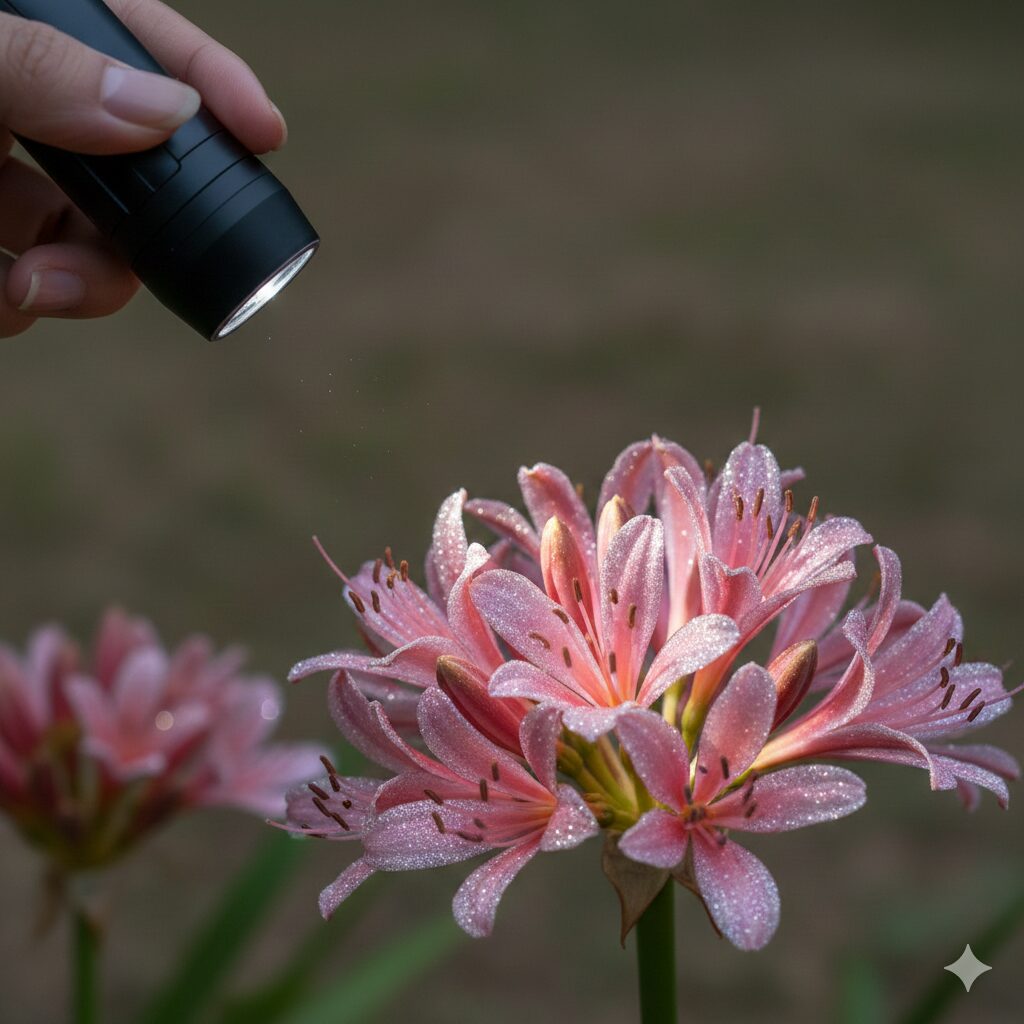 ネリネ 開花 時期　ライトを当てて輝きが増したネリネの花。