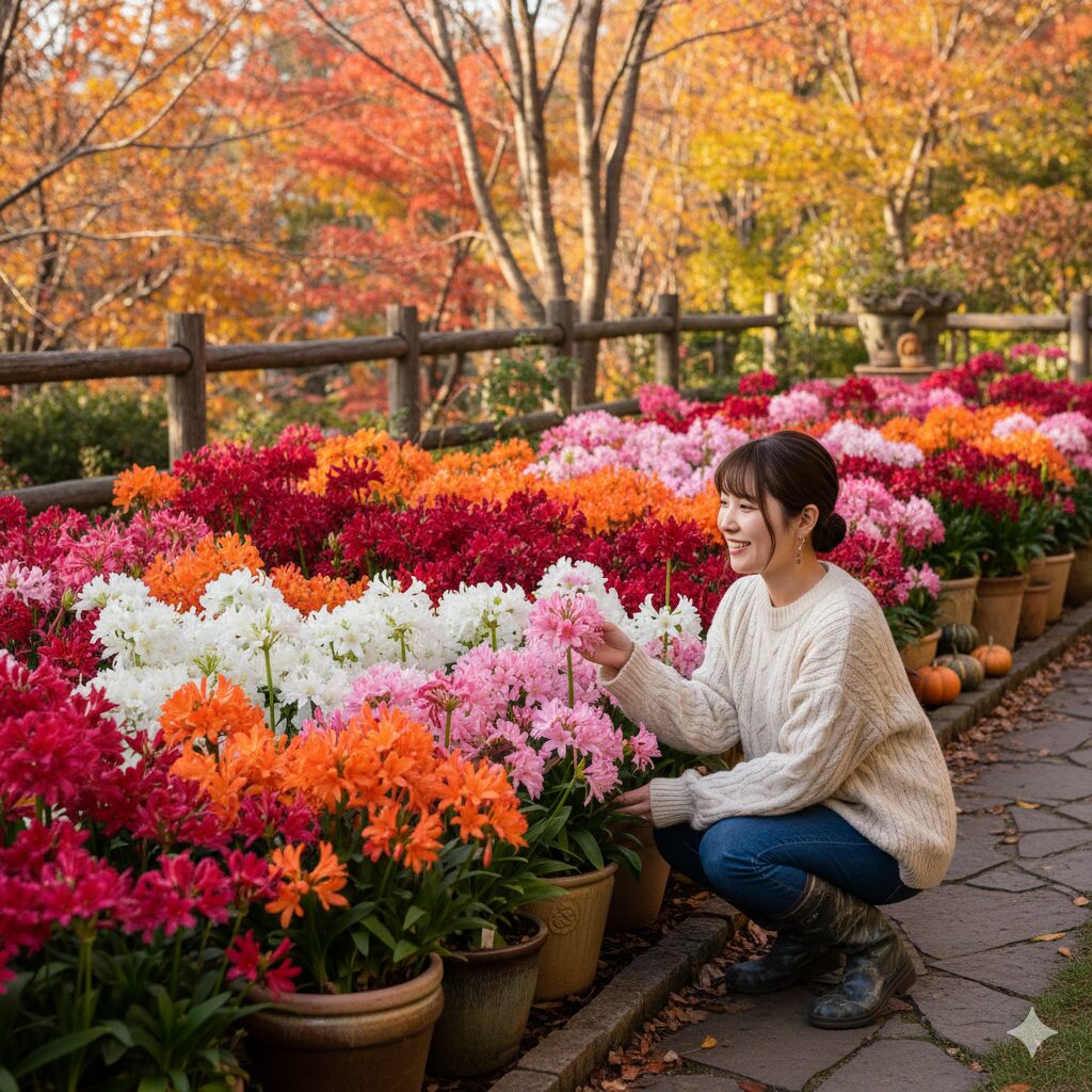 ネリネ 開花 時期　10月から12月に咲く様々な色のネリネの鉢植え。