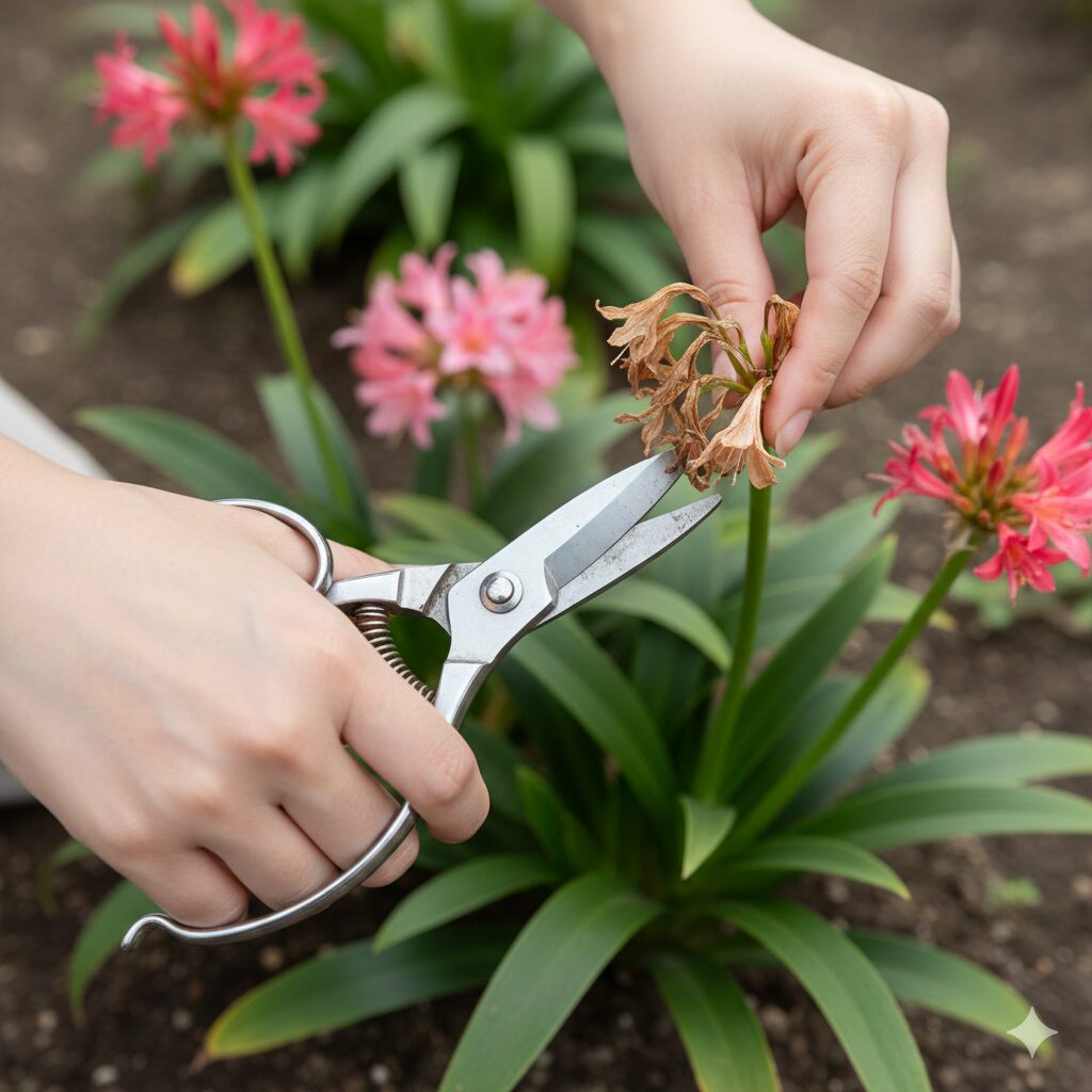 ネリネ 開花 時期　咲き終わったネリネの花がらを摘んでいる手のクローズアップ。花の茎をハサミで切る瞬間で、清潔な園芸用ハサミが使われている。背景にはまだ花が残っているネリネの株が見える。