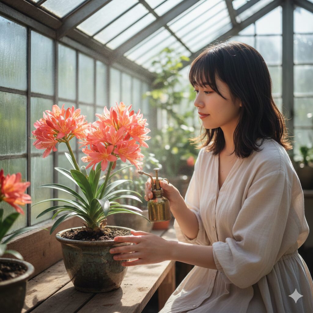 ネリネ 開花 時期　光を浴びて輝くサルニエンシス系のネリネ（ダイヤモンドリリー）。