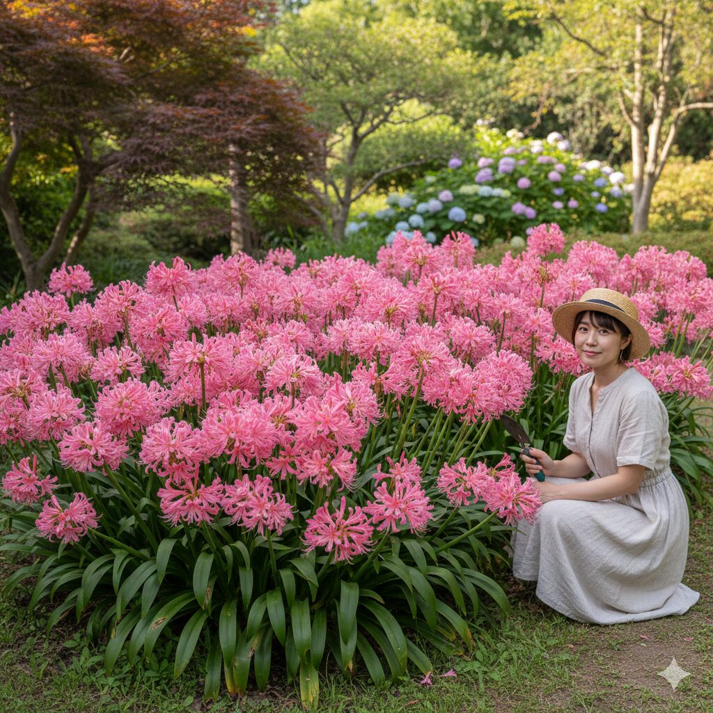 ネリネ 開花 時期　庭に群生して咲くボーデニー系のネリネ。