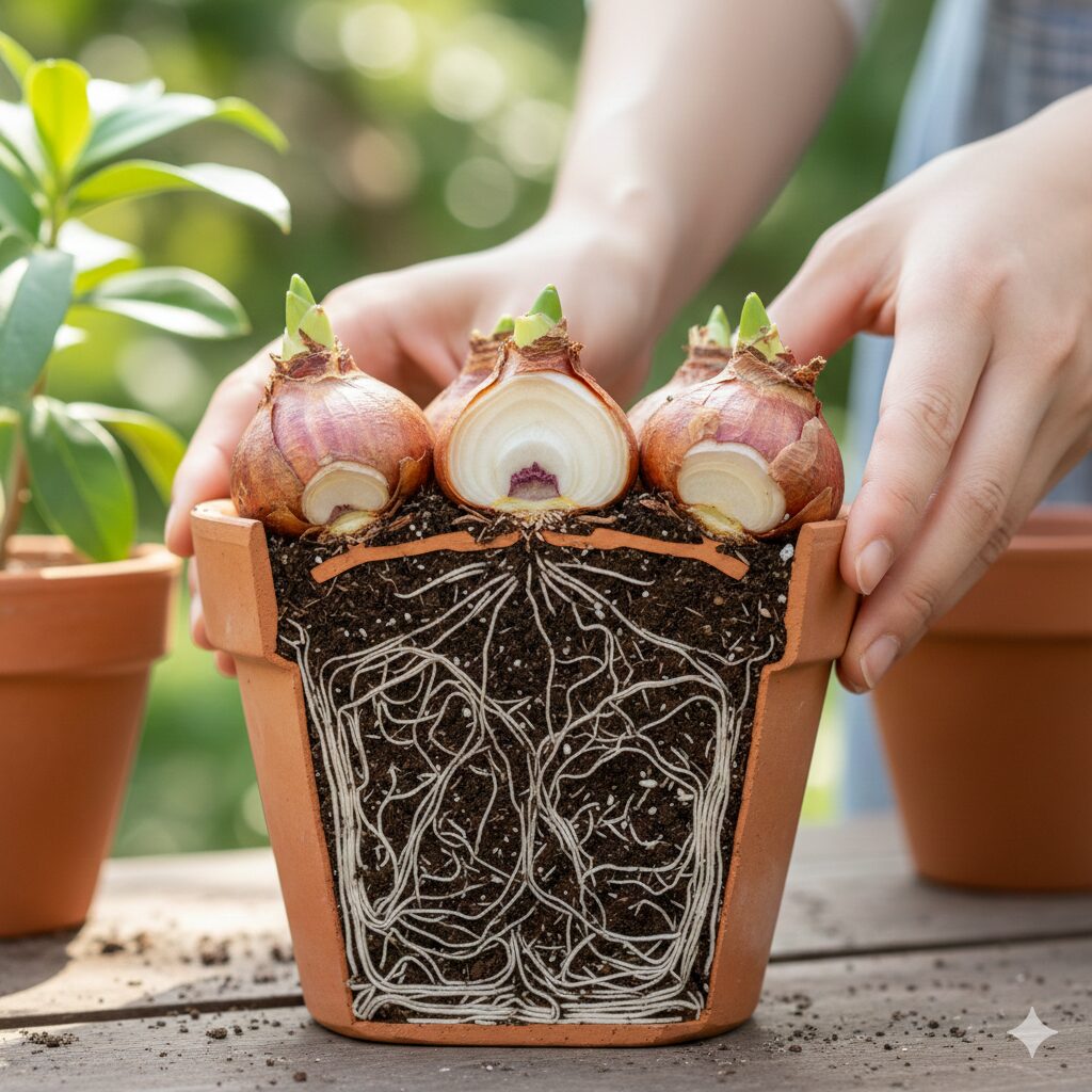 ネリネ 開花 時期　浅植えされたネリネの球根の断面図。