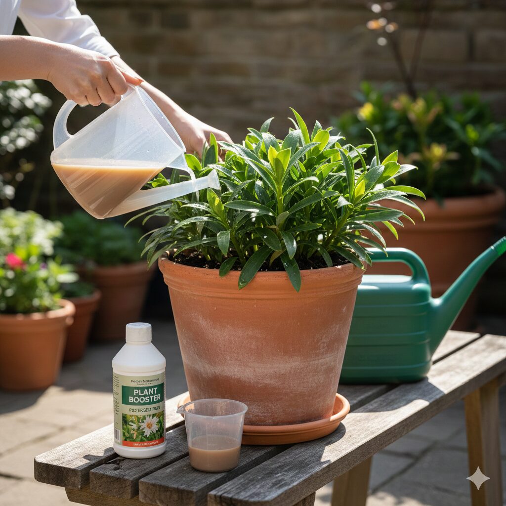 ネリネ 開花 時期　冬の生育期にネリネにカリウム主体の液体肥料を与える手元。