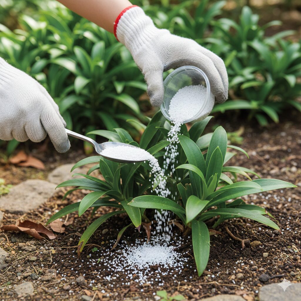 天敵であるハマオモトヨトウなどの害虫を防ぐため、ネリネの株元に浸透移行性の殺虫剤(粒剤)を散布している予防対策の様子。