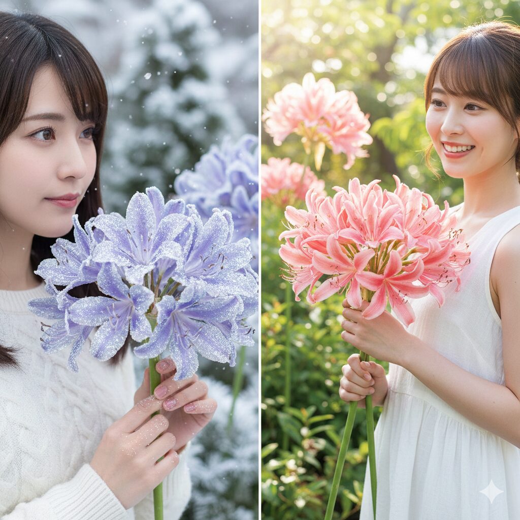 ネリネの種類による違いの比較。左は花弁に金属的な光沢がある冬型のダイヤモンドリリー、右は花弁が細く波打つ夏型のネリネ・ボーデニー。