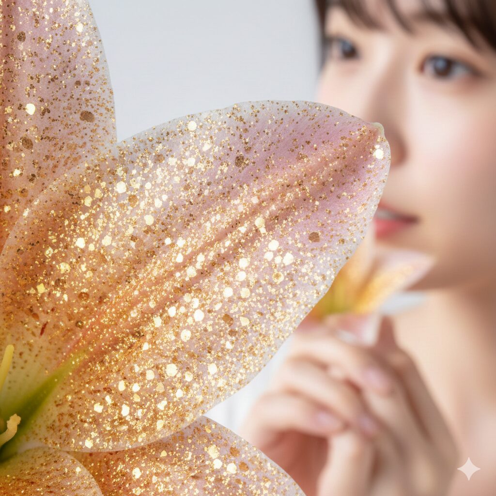 ダイヤモンドリリー(ネリネ)の花弁の拡大写真。細胞構造が光を反射し、金粉のような強い輝きを放っている様子。