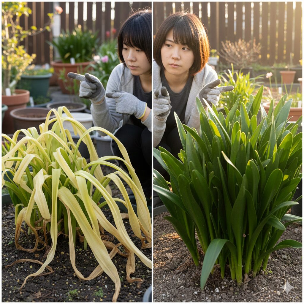 ネリネ花が咲かない 日照不足のサインを示すネリネの葉の比較。左は徒長して色が薄く倒れた葉、右は日光を浴びて濃い緑色で直立した健康な葉。