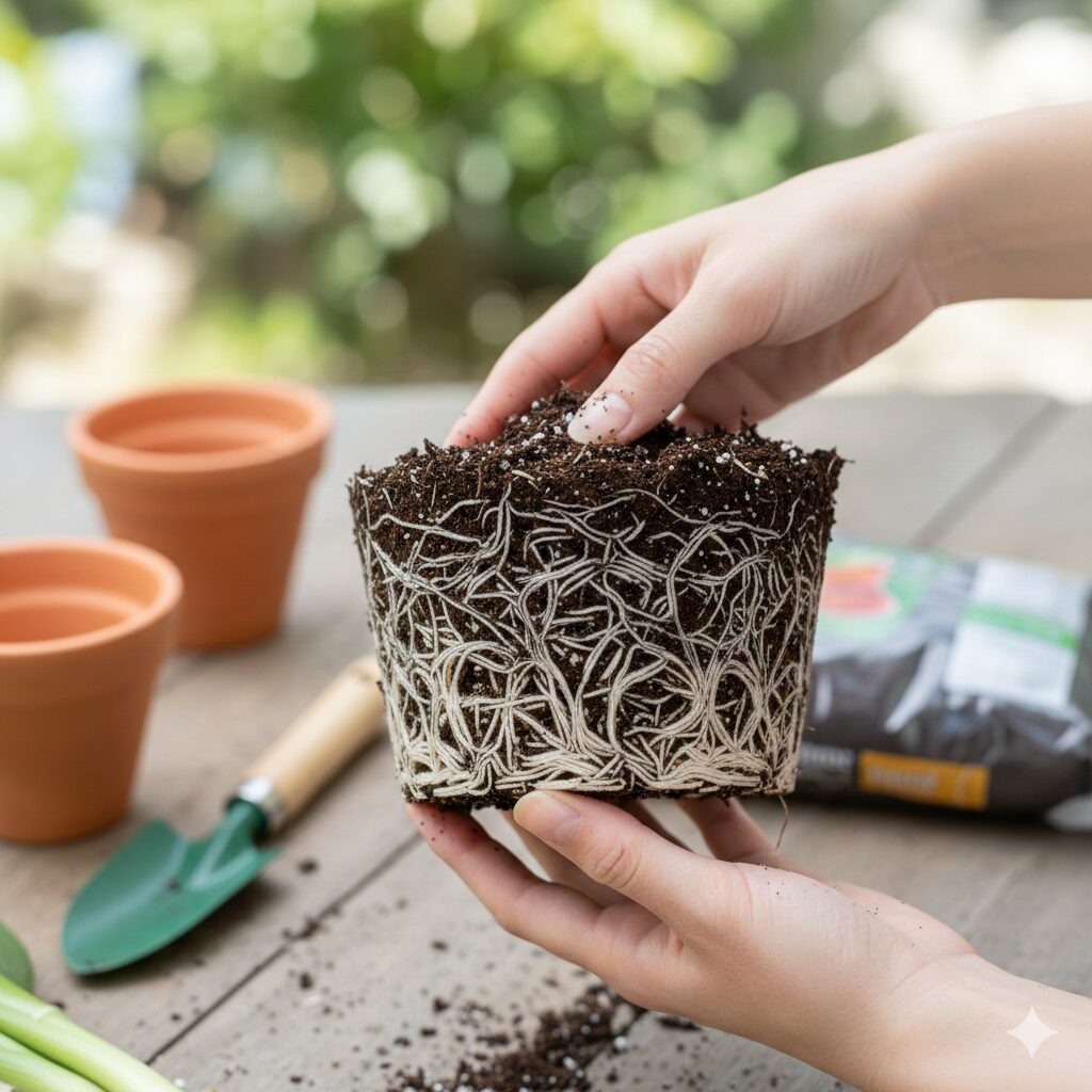 鉢から引き抜かれたネリネの根鉢。開花を促進するために必要な、根がびっしりと回って根詰まりを起こしている健康な状態。
