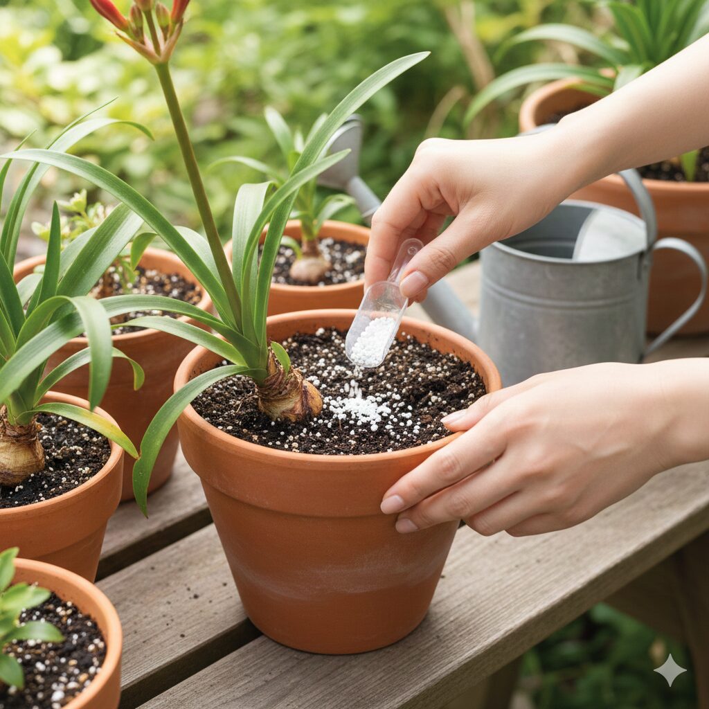 ネリネの花付きを良くするために、リン酸とカリ成分が多い粒状の緩効性肥料を鉢土の表面に施肥している様子。