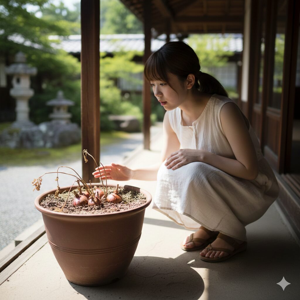 夏の休眠期に行うネリネの完全断水の様子。雨の当たらない軒下で土を乾燥させ、夏越しをさせている鉢植え。