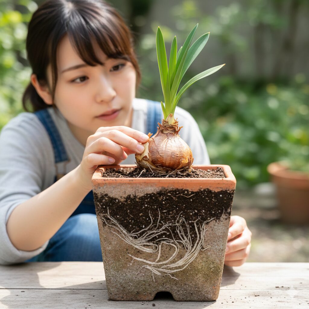 ネリネの球根の正しい植え方である「浅植え」のクローズアップ。球根の上半分が土から露出しており、腐敗を防ぐ植え付け状態。