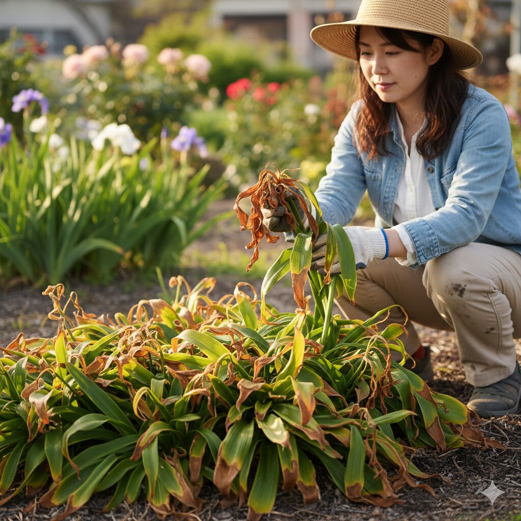 ネリネ花が咲かない 春の生育期が終わり、葉が黄色く枯れ始めているネリネ。光合成養分を球根に戻す「転流」を行っているため、切らずに残すべき葉の状態。