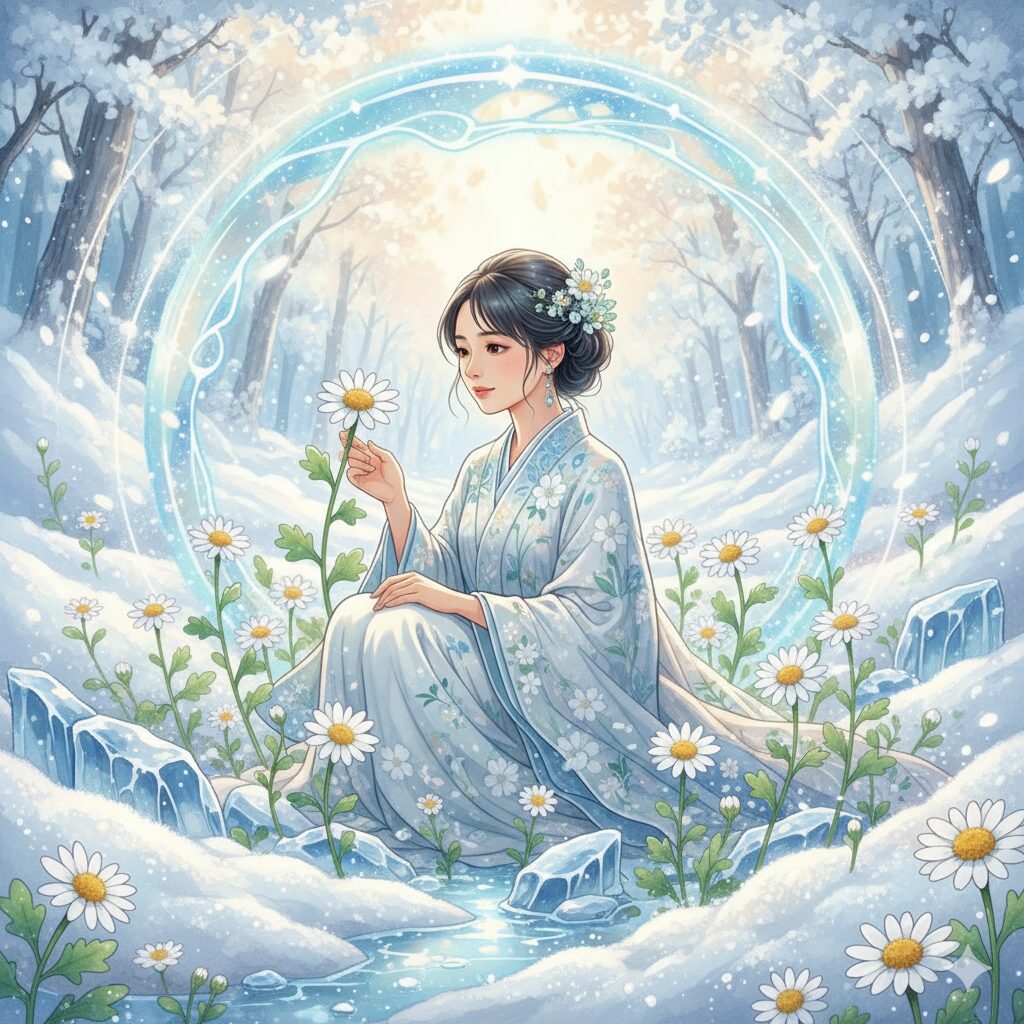 ノースポールの花と花言葉「輪廻転生」のイラスト