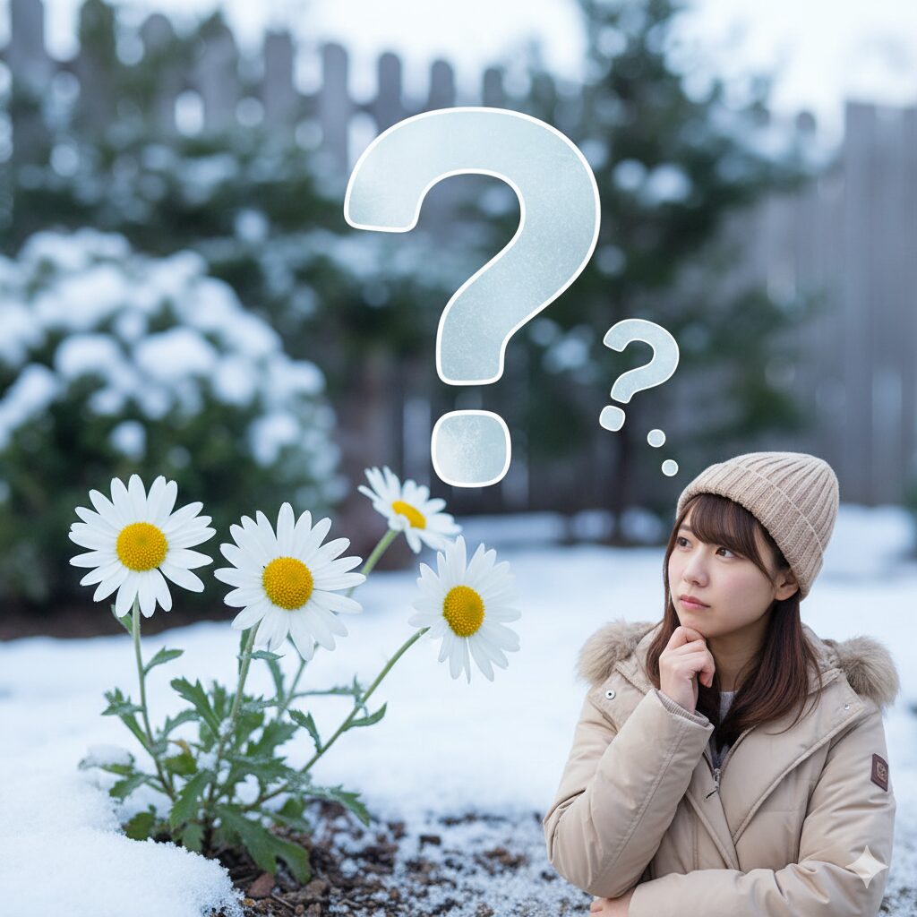 雪が少し積もった中でも健気に咲くノースポールと、その背景に「多年草？」と疑問符が浮かんでいるようなイメージ。誤解が生じる原因を視覚的に表現。