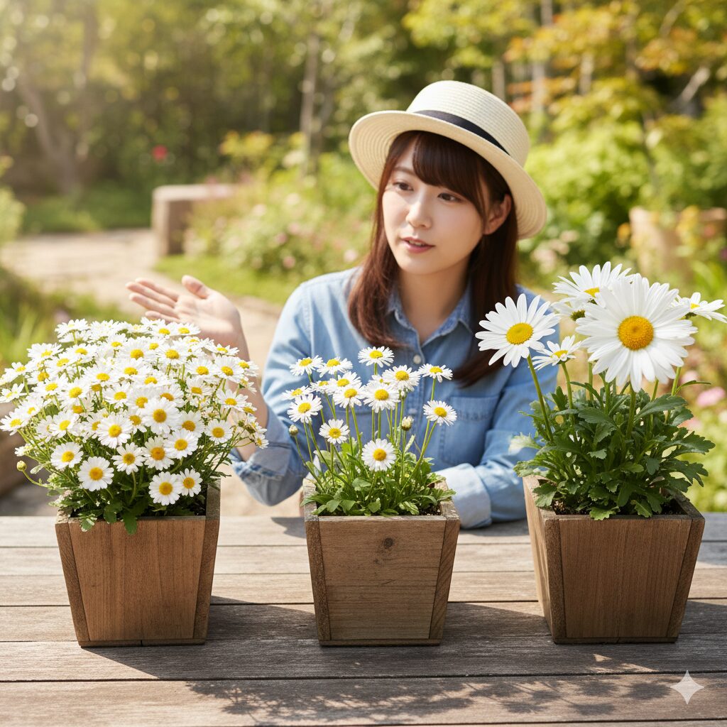 ノースポール、マーガレット、シャスターデージーの3種類の花が並べられ、それぞれの特徴が視覚的に比較できるような画像。それぞれの花の違いが分かりやすい構図。