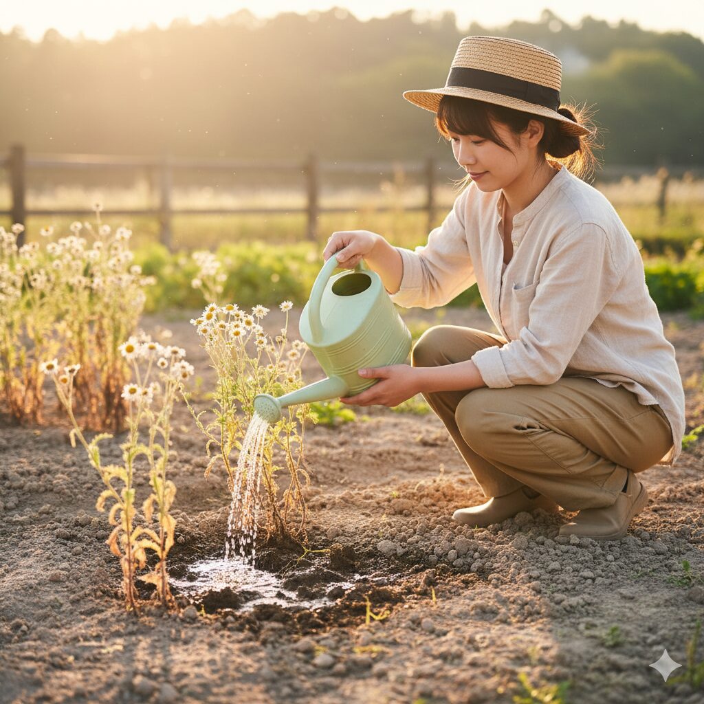 晴れた日の午前にノースポールに水やりをする様子