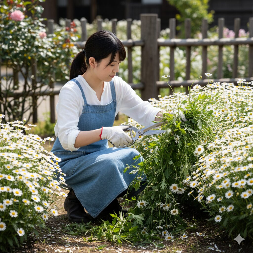 春にノースポールを切り戻し剪定するガーデナーの手元