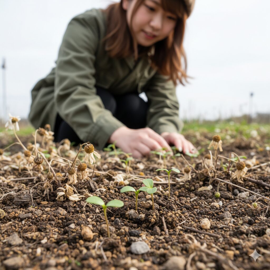 ノースポールのこぼれ種から発芽した幼苗。最も確実な植えっぱなし継続栽培の戦略。