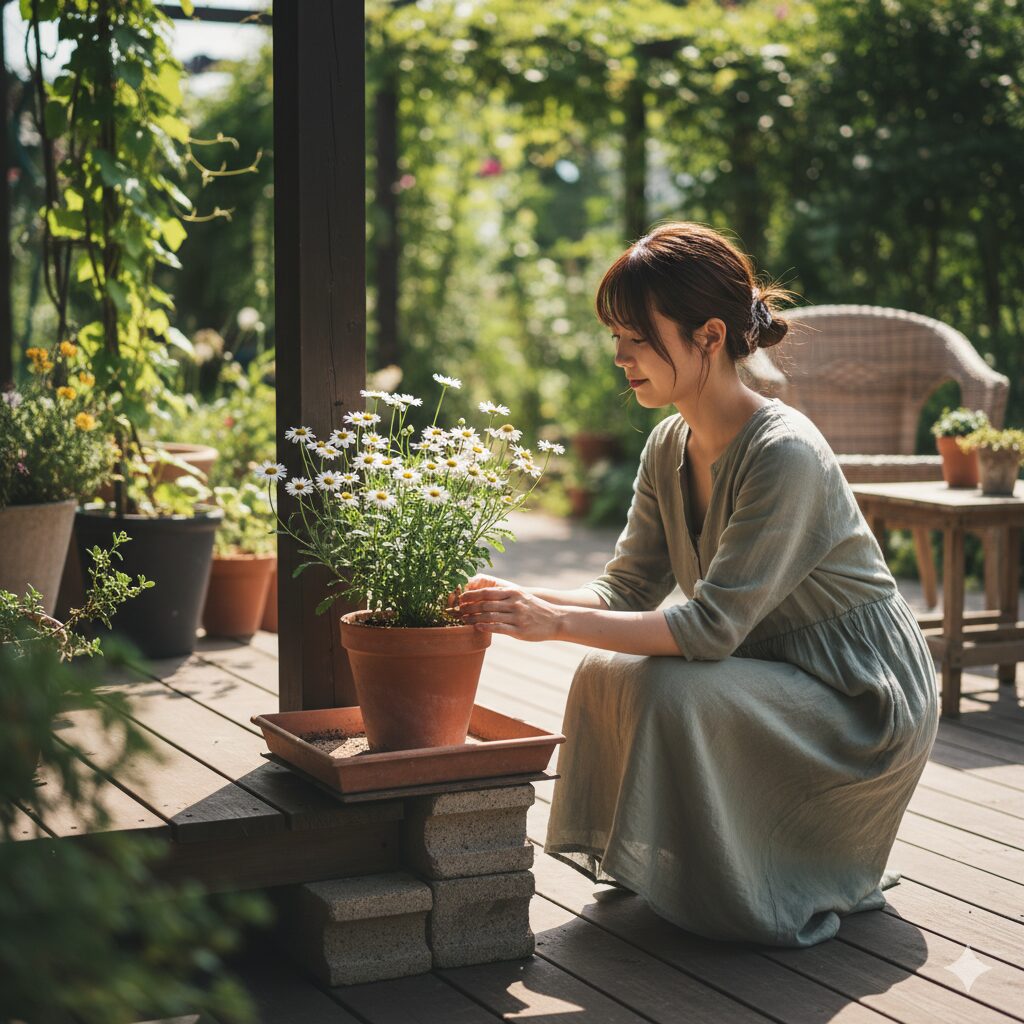 ノースポールの鉢植えを夏の照り返しと多湿から守るため、台の上に置いて軒下で管理する様子。