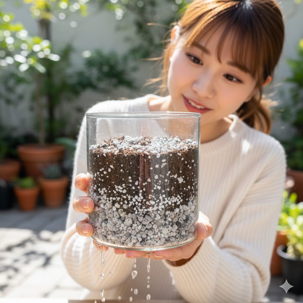 水はけを改善するための軽石やパーライトが混ぜられた鉢植えの土壌断面図。ノースポール栽培の土作り。