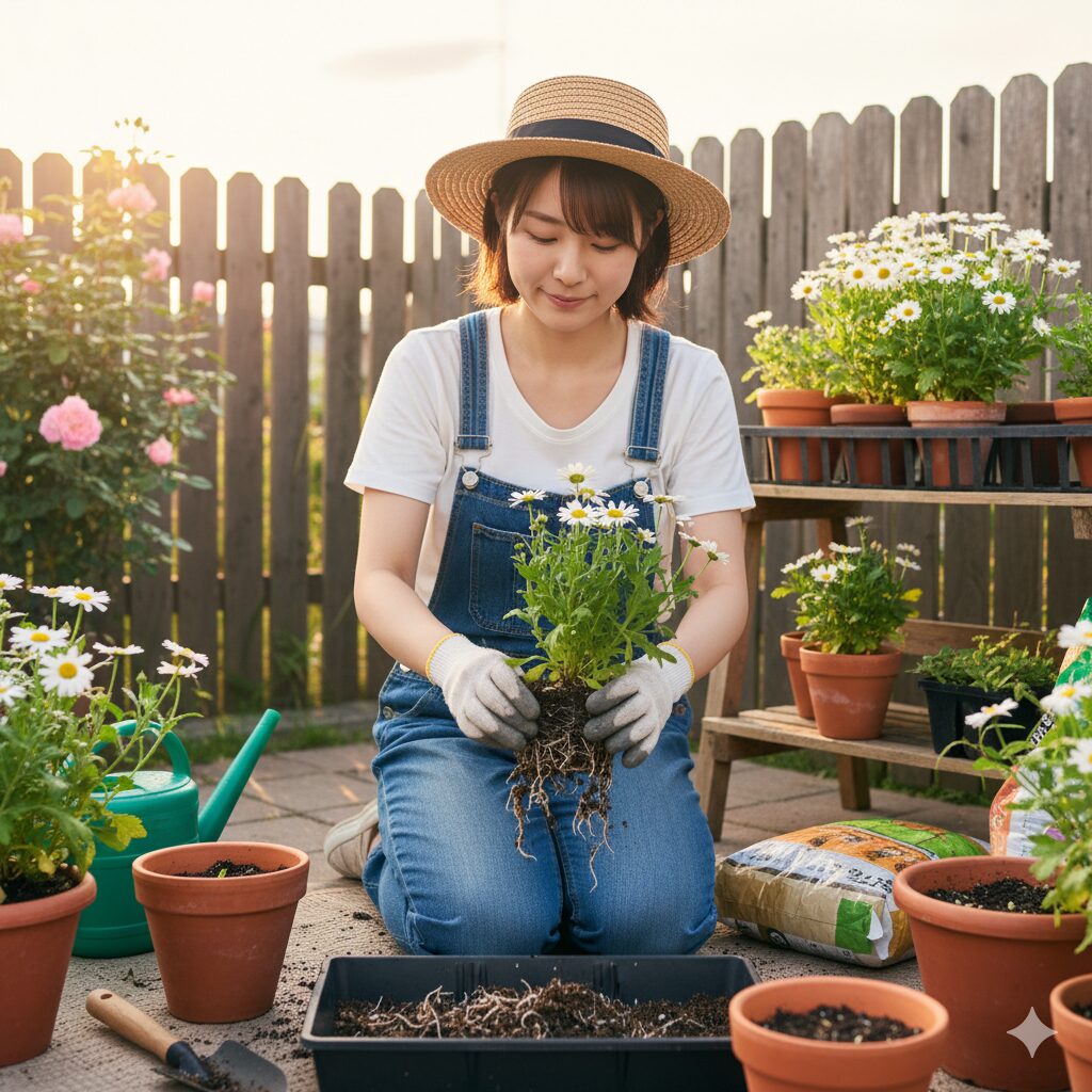 ノースポールの植え替え適期。根詰まりを防ぐために軽く根鉢を崩すガーデニング作業。