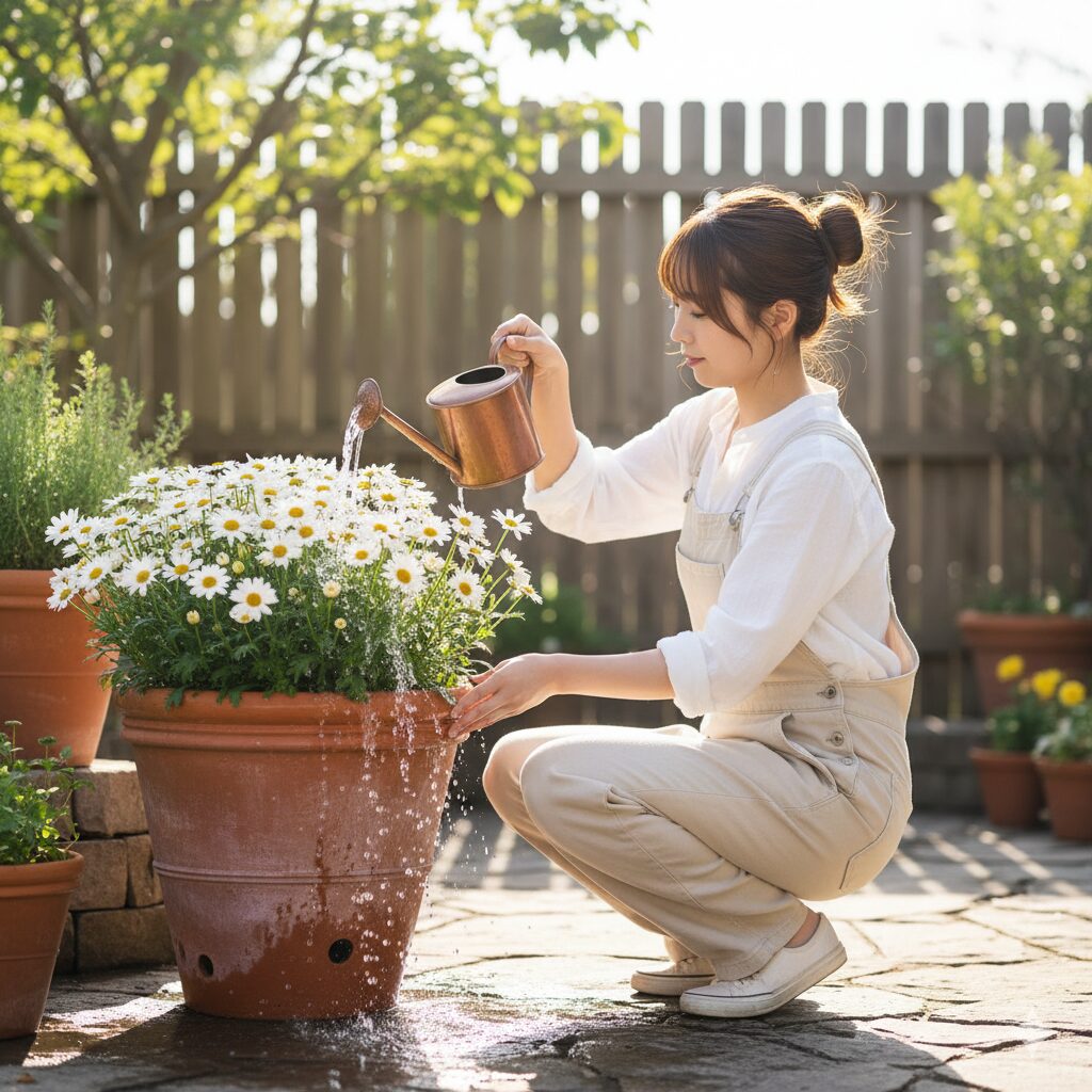 ノースポールの鉢植えに、鉢底から水が出るまでたっぷりと水を与える作業。水やりは必ず午前中に行う鉄則。
