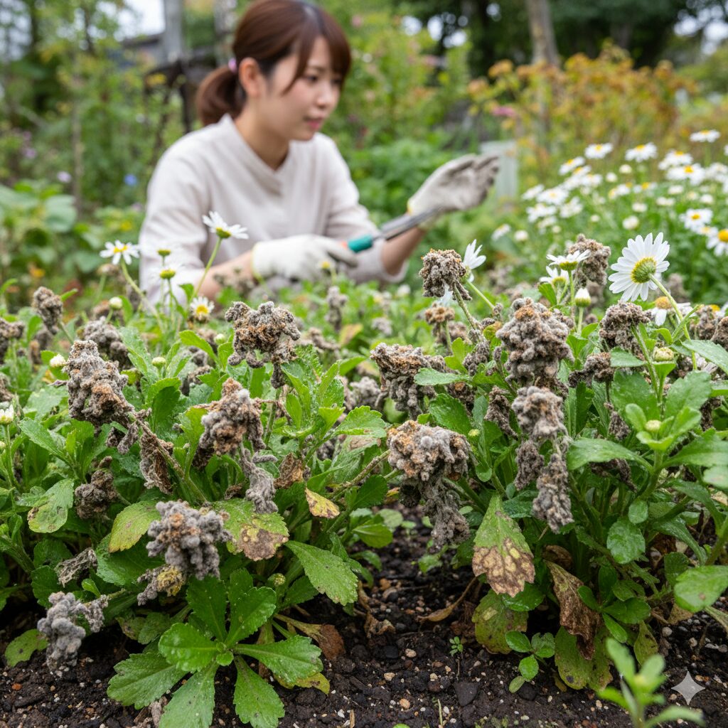 ノースポールの葉に発生した灰色かび病のクローズアップ。多湿と群れが原因となる病害予防。