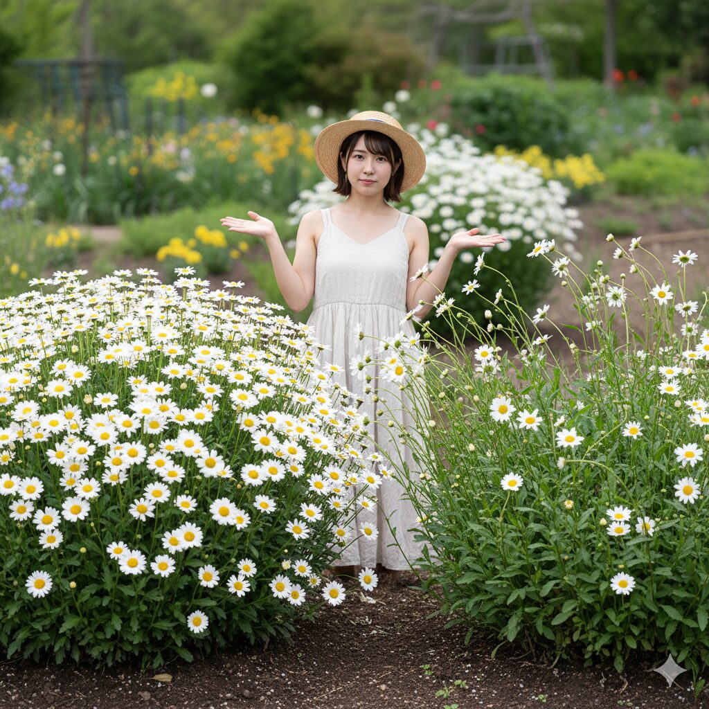 ノースポールが満開の状態と、花が終わって茎葉が茂り始めた「花後」の状態の比較写真