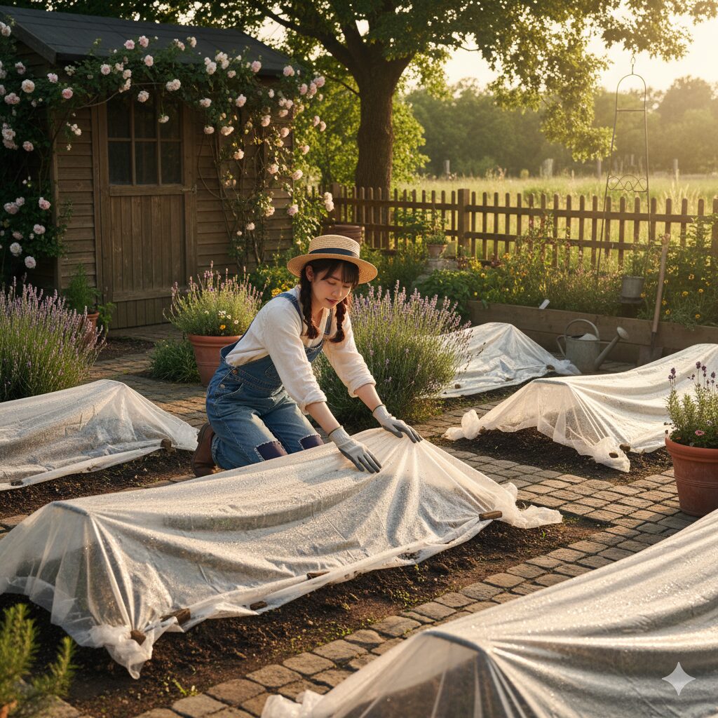 透明なビニール袋を使って太陽熱消毒（土壌再生処理）を行っている庭の風景