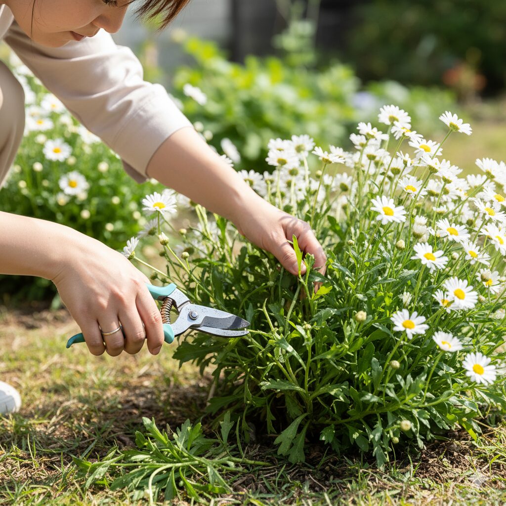 ノースポールの株を草丈の半分程度に切り戻す剪定作業の様子のクローズアップ