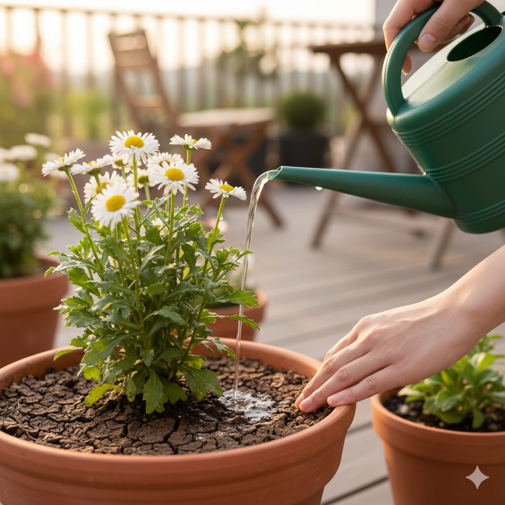 土の表面が乾いた鉢植えのノースポールに水を与えている、水やり管理のクローズアップ