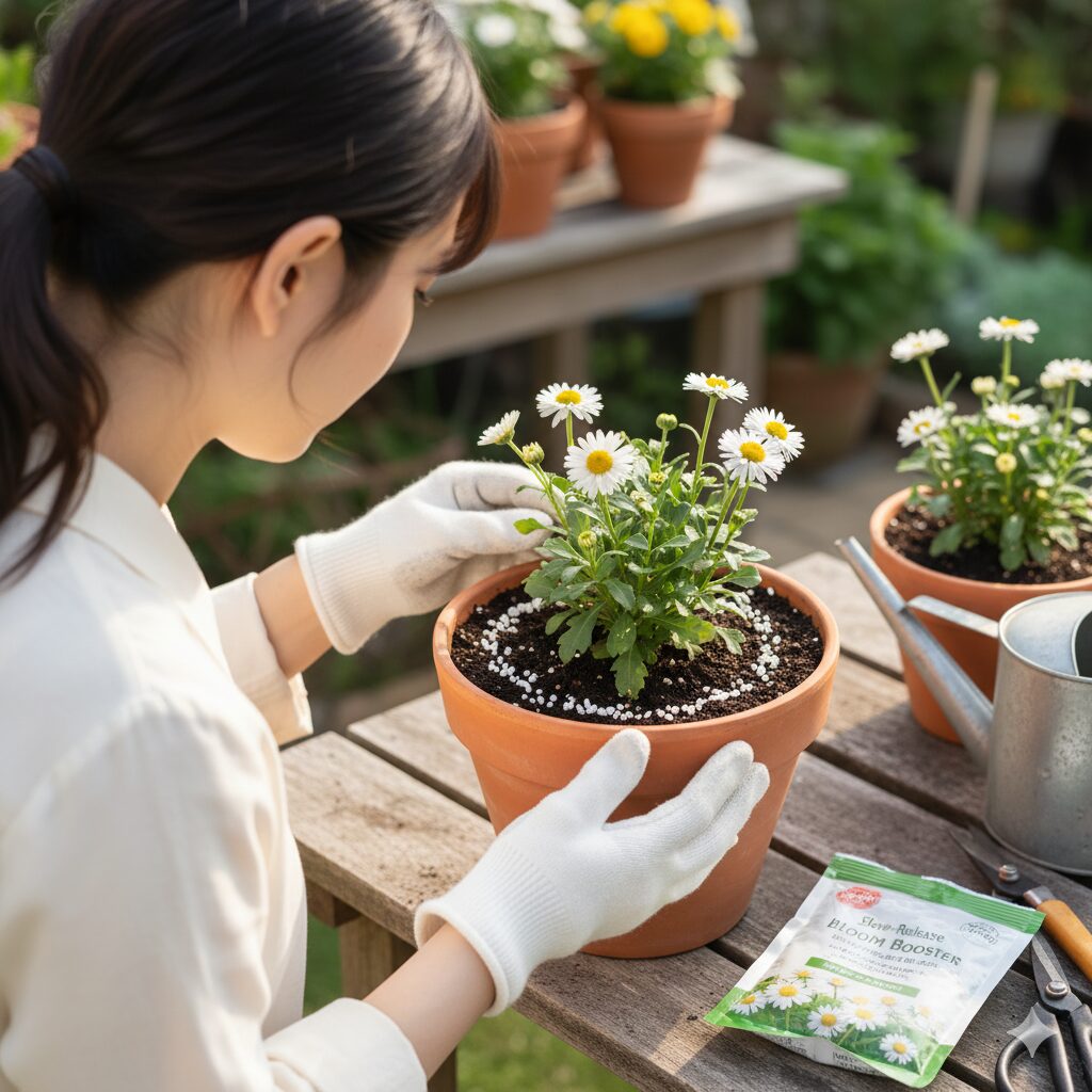 ノースポールの肥料焼けを防ぐため、鉢の縁に沿って固形肥料を配置する様子